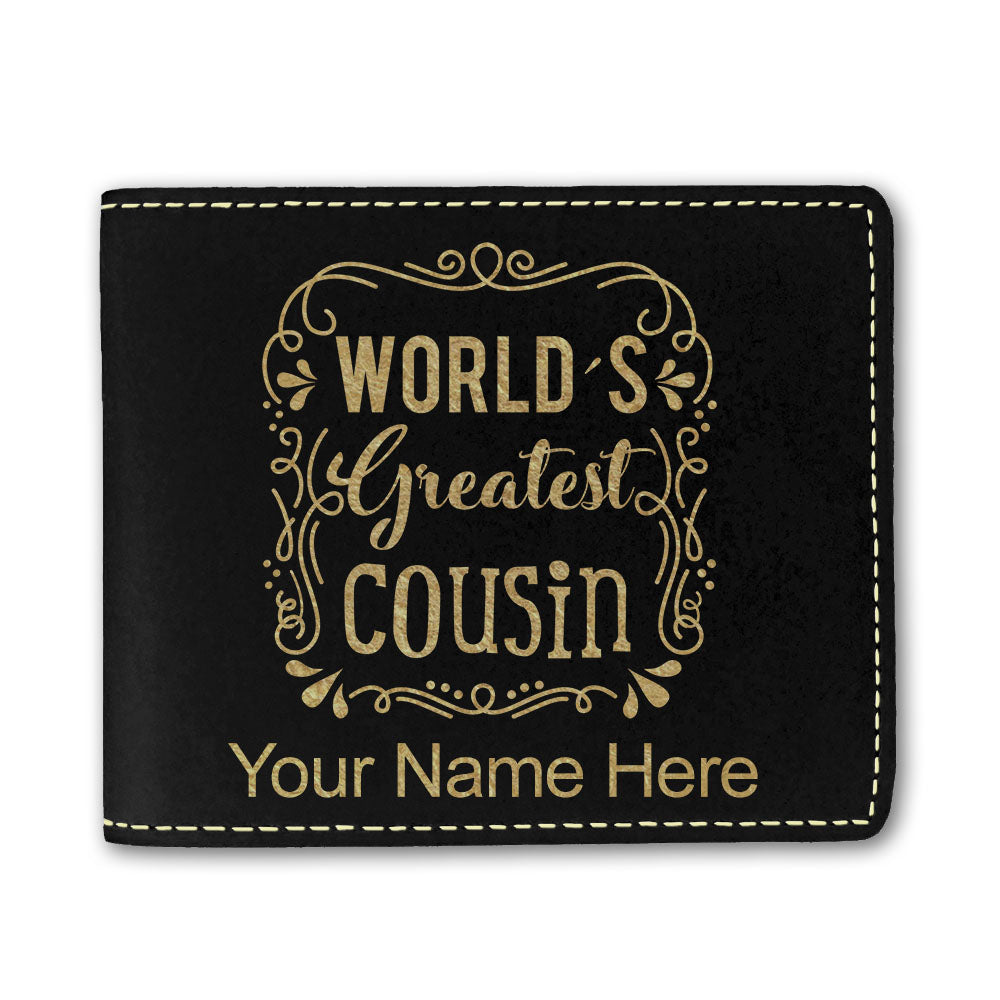 Faux Leather Bi-Fold Wallet, World's Greatest Cousin, Personalized Engraving Included