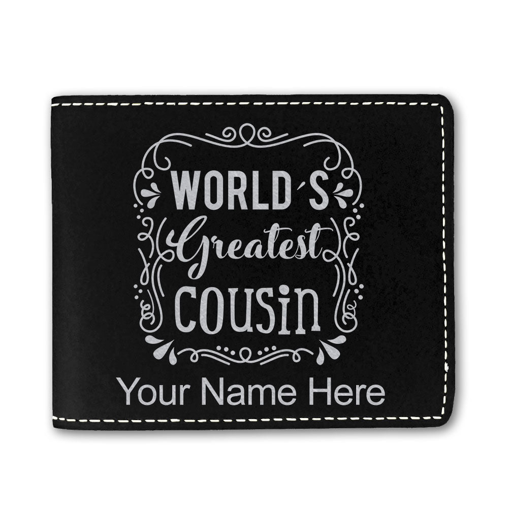 Faux Leather Bi-Fold Wallet, World's Greatest Cousin, Personalized Engraving Included
