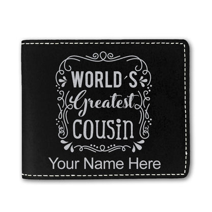 Faux Leather Bi-Fold Wallet, World's Greatest Cousin, Personalized Engraving Included