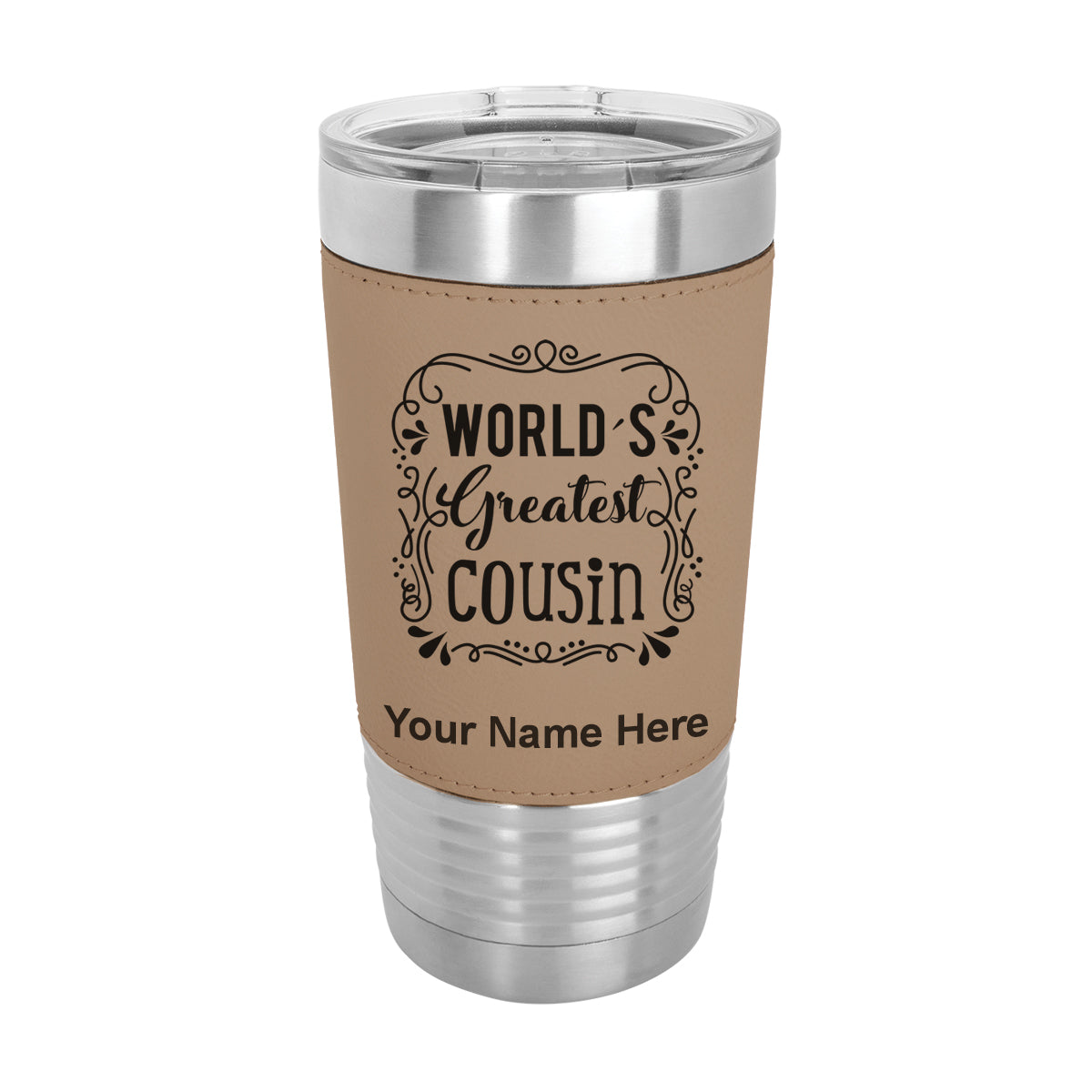 20oz Faux Leather Tumbler Mug, World's Greatest Cousin, Personalized Engraving Included