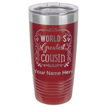 20oz Vacuum Insulated Tumbler Mug, World's Greatest Cousin, Personalized Engraving Included
