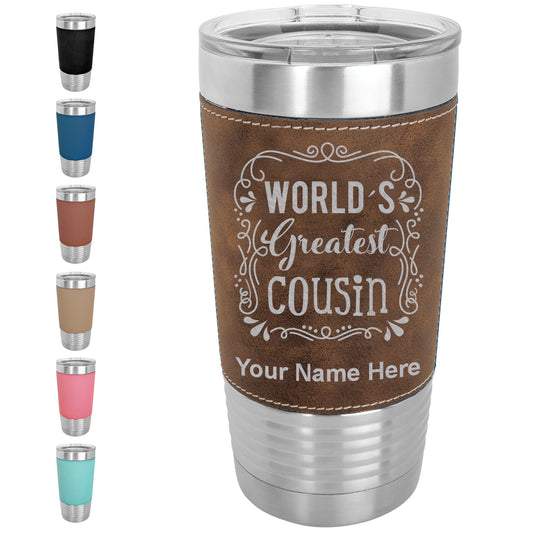 20oz Faux Leather Tumbler Mug, World's Greatest Cousin, Personalized Engraving Included