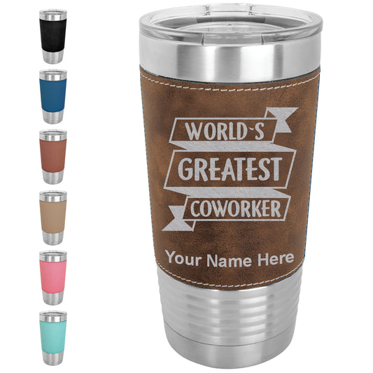 20oz Faux Leather Tumbler Mug, World's Greatest Coworker, Personalized Engraving Included