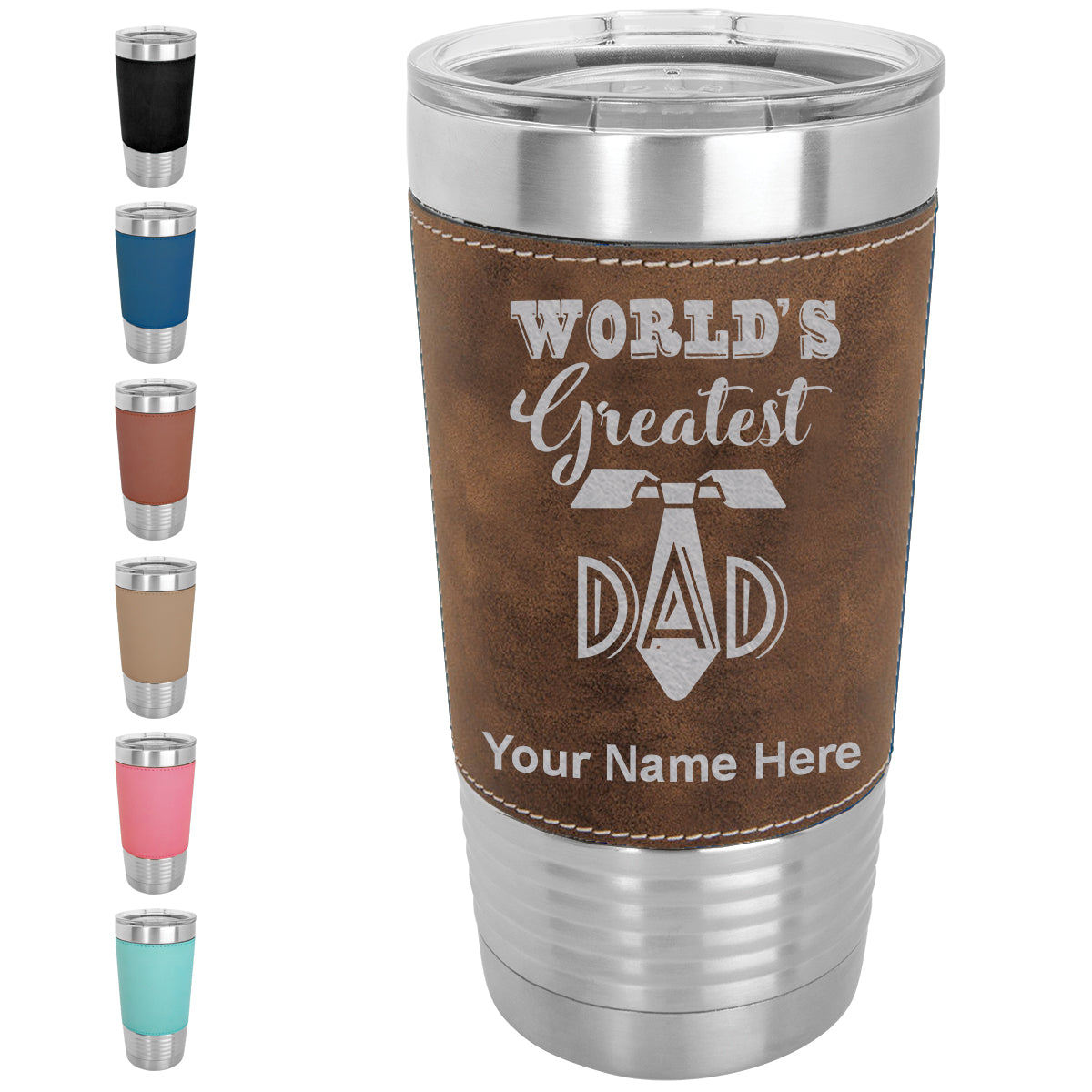 20oz Faux Leather Tumbler Mug, World's Greatest Dad, Personalized Engraving Included