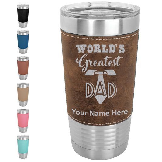 20oz Faux Leather Tumbler Mug, World's Greatest Dad, Personalized Engraving Included