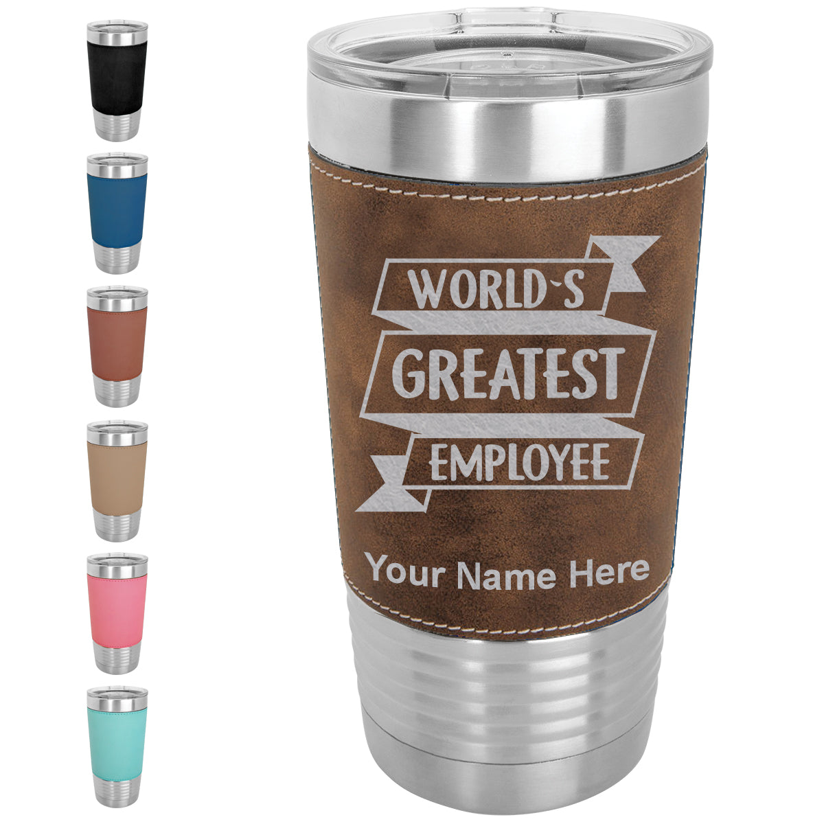 20oz Faux Leather Tumbler Mug, World's Greatest Employee, Personalized Engraving Included