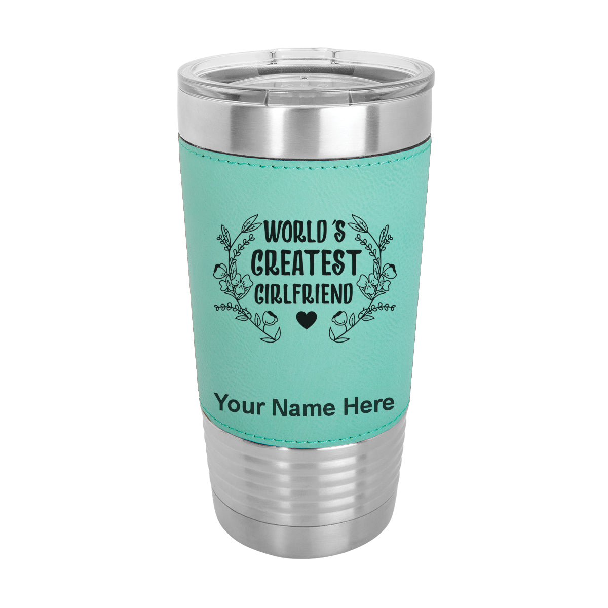 20oz Faux Leather Tumbler Mug, World's Greatest Girlfriend, Personalized Engraving Included