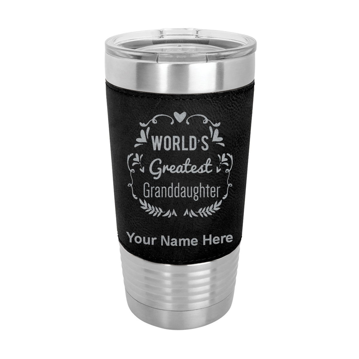 20oz Faux Leather Tumbler Mug, World's Greatest Granddaughter, Personalized Engraving Included