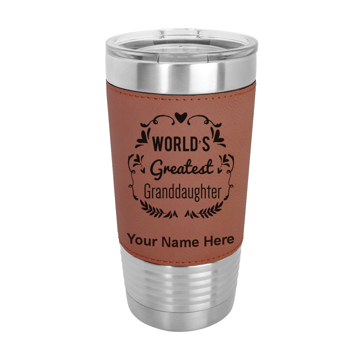 20oz Faux Leather Tumbler Mug, World's Greatest Granddaughter, Personalized Engraving Included