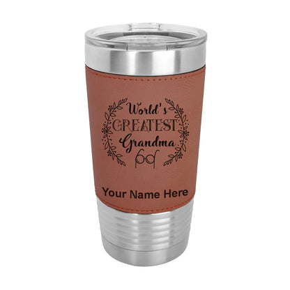 20oz Faux Leather Tumbler Mug, World's Greatest Grandma, Personalized Engraving Included