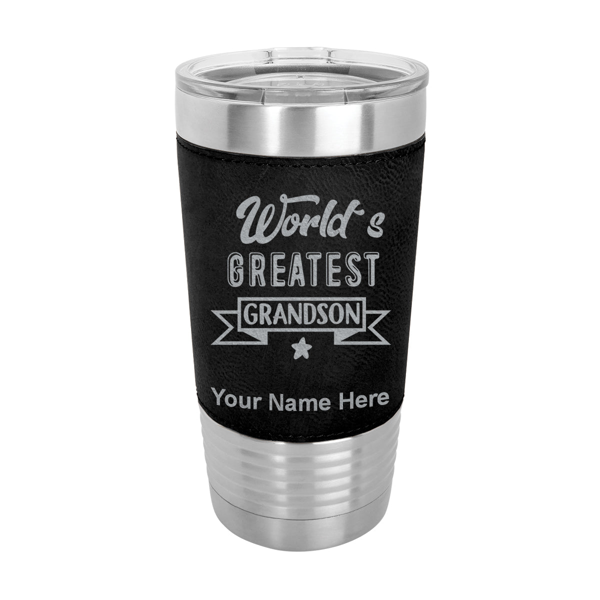 20oz Faux Leather Tumbler Mug, World's Greatest Grandson, Personalized Engraving Included