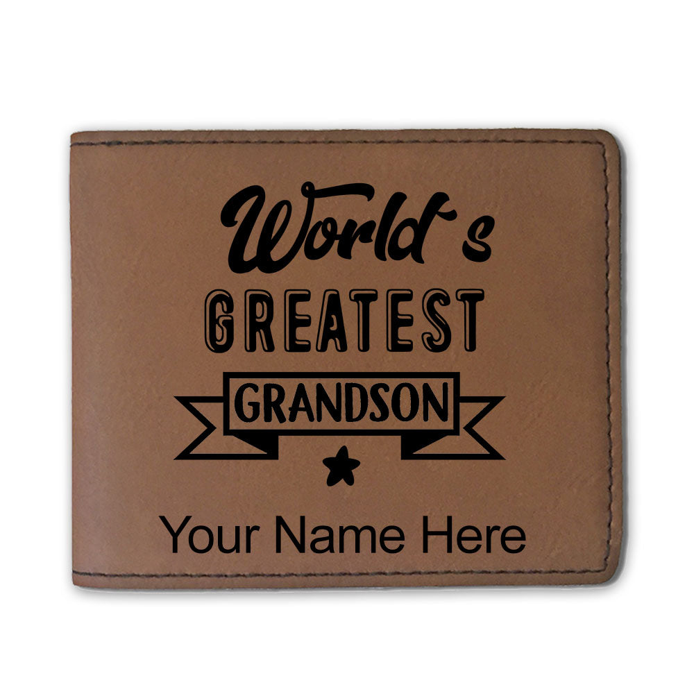 Faux Leather Bi-Fold Wallet, World's Greatest Grandson, Personalized Engraving Included