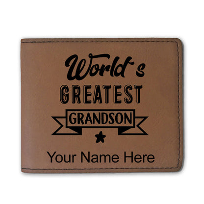 Faux Leather Bi-Fold Wallet, World's Greatest Grandson, Personalized Engraving Included