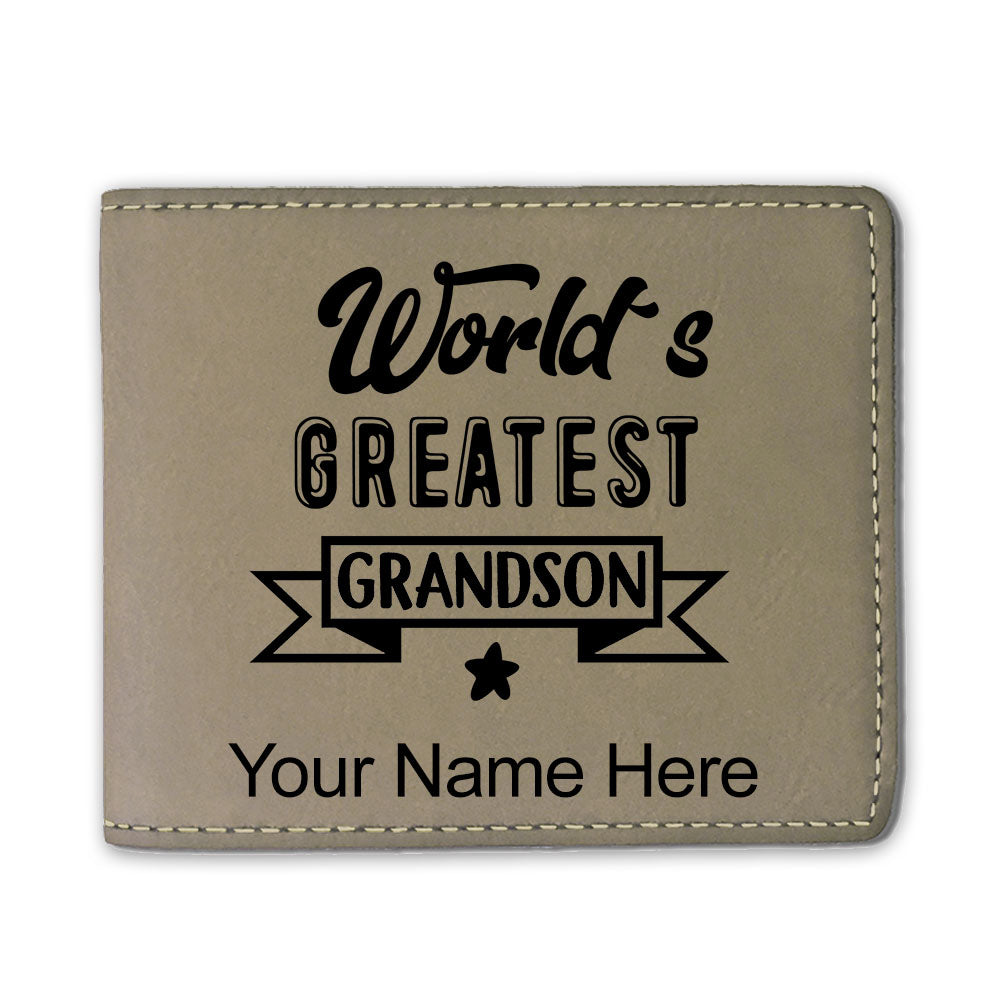 Faux Leather Bi-Fold Wallet, World's Greatest Grandson, Personalized Engraving Included