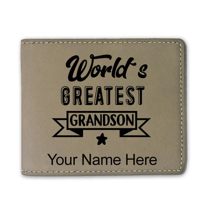 Faux Leather Bi-Fold Wallet, World's Greatest Grandson, Personalized Engraving Included
