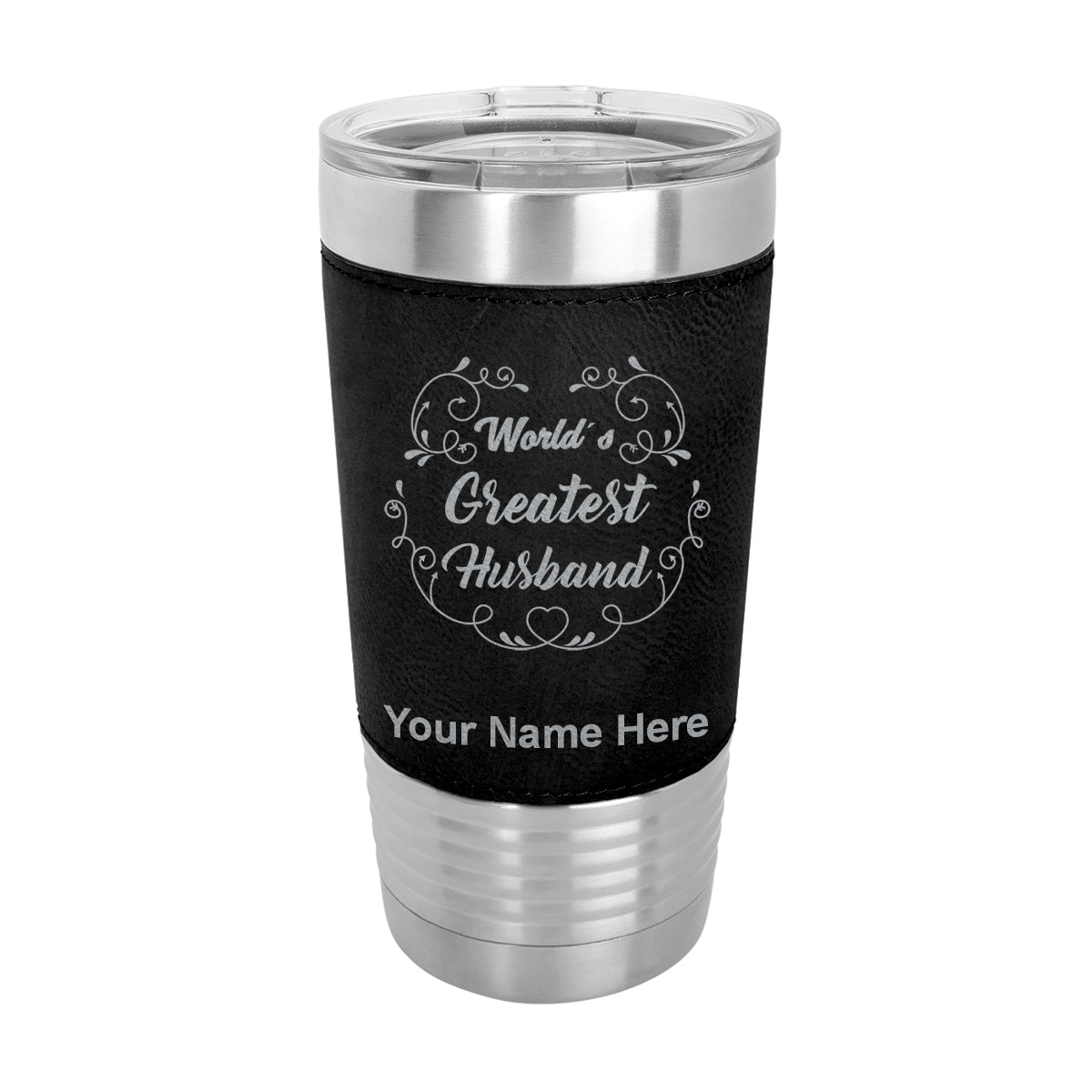 20oz Faux Leather Tumbler Mug, World's Greatest Husband, Personalized Engraving Included