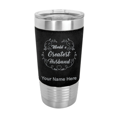 20oz Faux Leather Tumbler Mug, World's Greatest Husband, Personalized Engraving Included