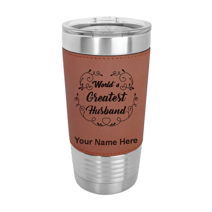 20oz Faux Leather Tumbler Mug, World's Greatest Husband, Personalized Engraving Included