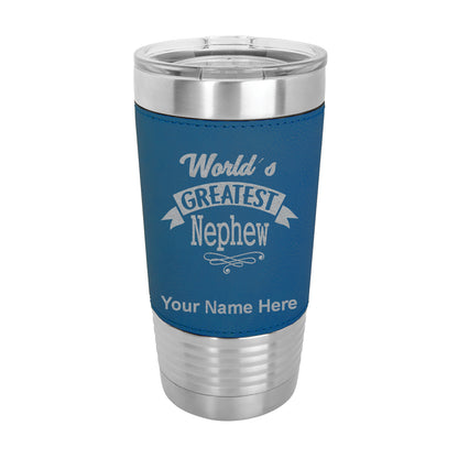 20oz Faux Leather Tumbler Mug, World's Greatest Nephew, Personalized Engraving Included