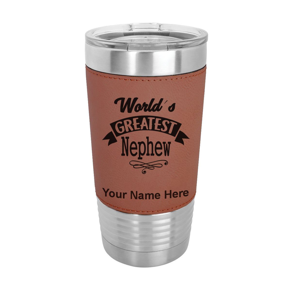 20oz Faux Leather Tumbler Mug, World's Greatest Nephew, Personalized Engraving Included