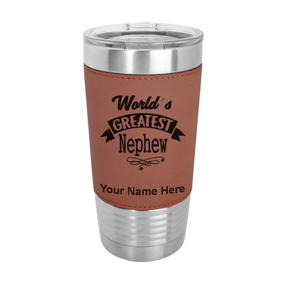 20oz Faux Leather Tumbler Mug, World's Greatest Nephew, Personalized Engraving Included