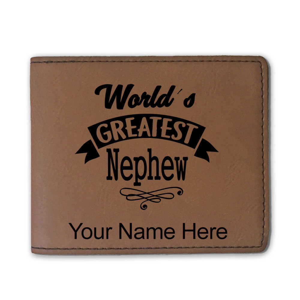 Faux Leather Bi-Fold Wallet, World's Greatest Nephew, Personalized Engraving Included