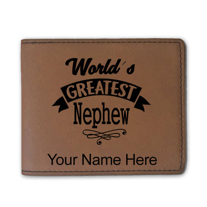 Faux Leather Bi-Fold Wallet, World's Greatest Nephew, Personalized Engraving Included