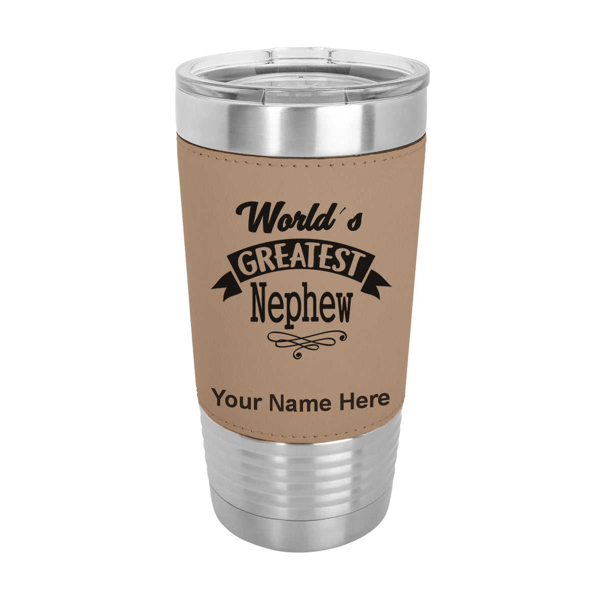 20oz Faux Leather Tumbler Mug, World's Greatest Nephew, Personalized Engraving Included