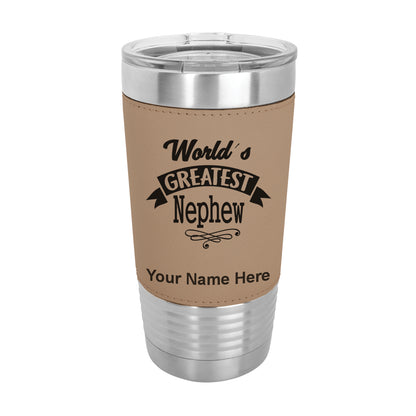 20oz Faux Leather Tumbler Mug, World's Greatest Nephew, Personalized Engraving Included