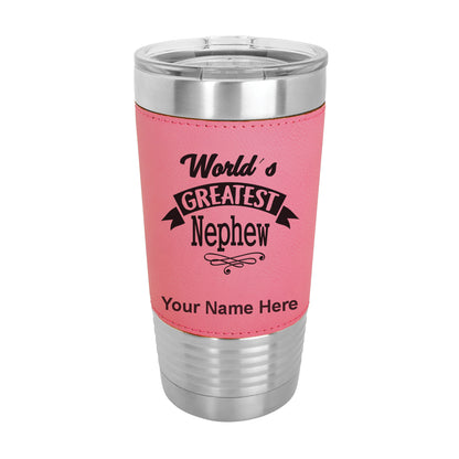 20oz Faux Leather Tumbler Mug, World's Greatest Nephew, Personalized Engraving Included