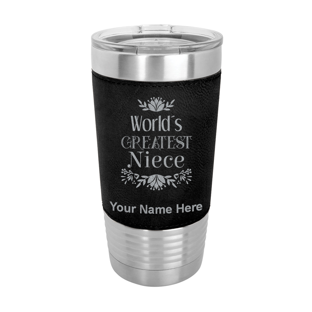20oz Faux Leather Tumbler Mug, World's Greatest Niece, Personalized Engraving Included