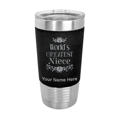 20oz Faux Leather Tumbler Mug, World's Greatest Niece, Personalized Engraving Included
