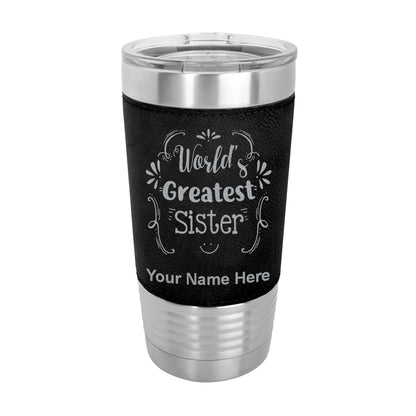 20oz Faux Leather Tumbler Mug, World's Greatest Sister, Personalized Engraving Included