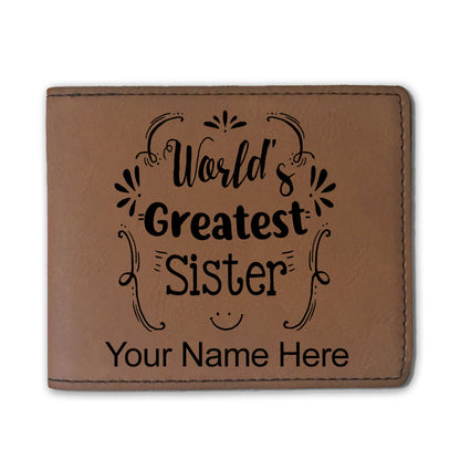Faux Leather Bi-Fold Wallet, World's Greatest Sister, Personalized Engraving Included