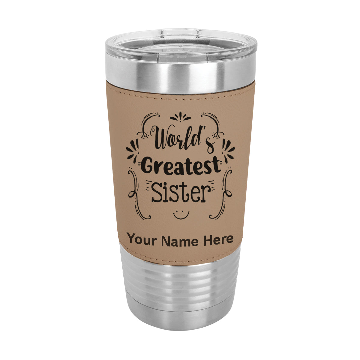 20oz Faux Leather Tumbler Mug, World's Greatest Sister, Personalized Engraving Included