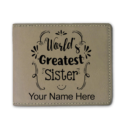 Faux Leather Bi-Fold Wallet, World's Greatest Sister, Personalized Engraving Included