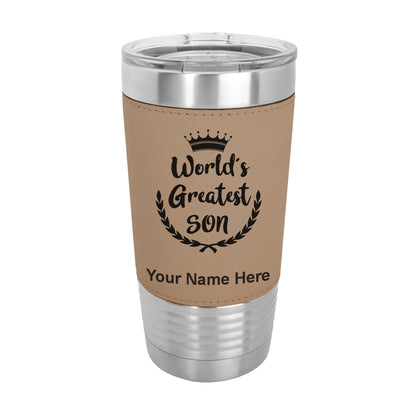 20oz Faux Leather Tumbler Mug, World's Greatest Son, Personalized Engraving Included