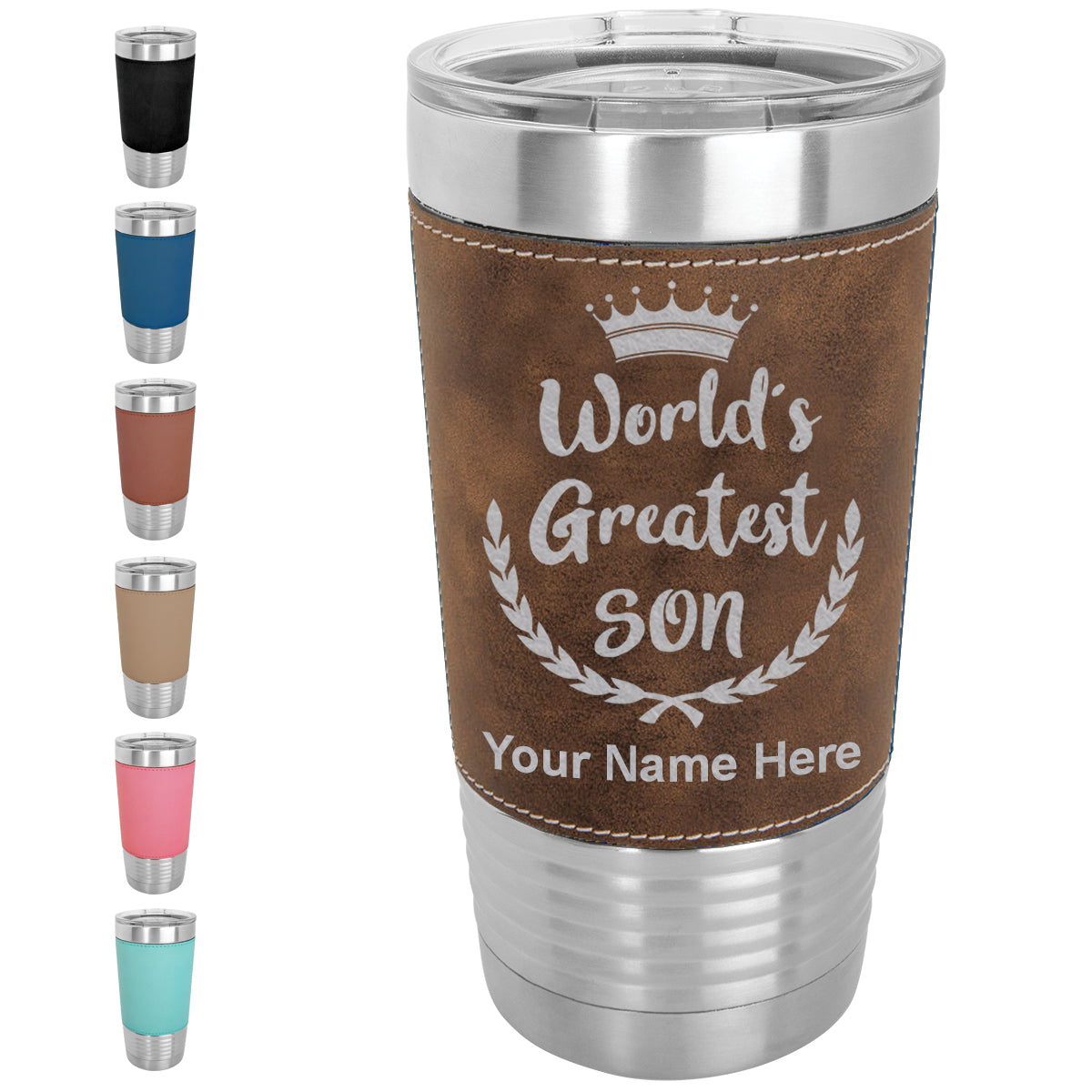20oz Faux Leather Tumbler Mug, World's Greatest Son, Personalized Engraving Included