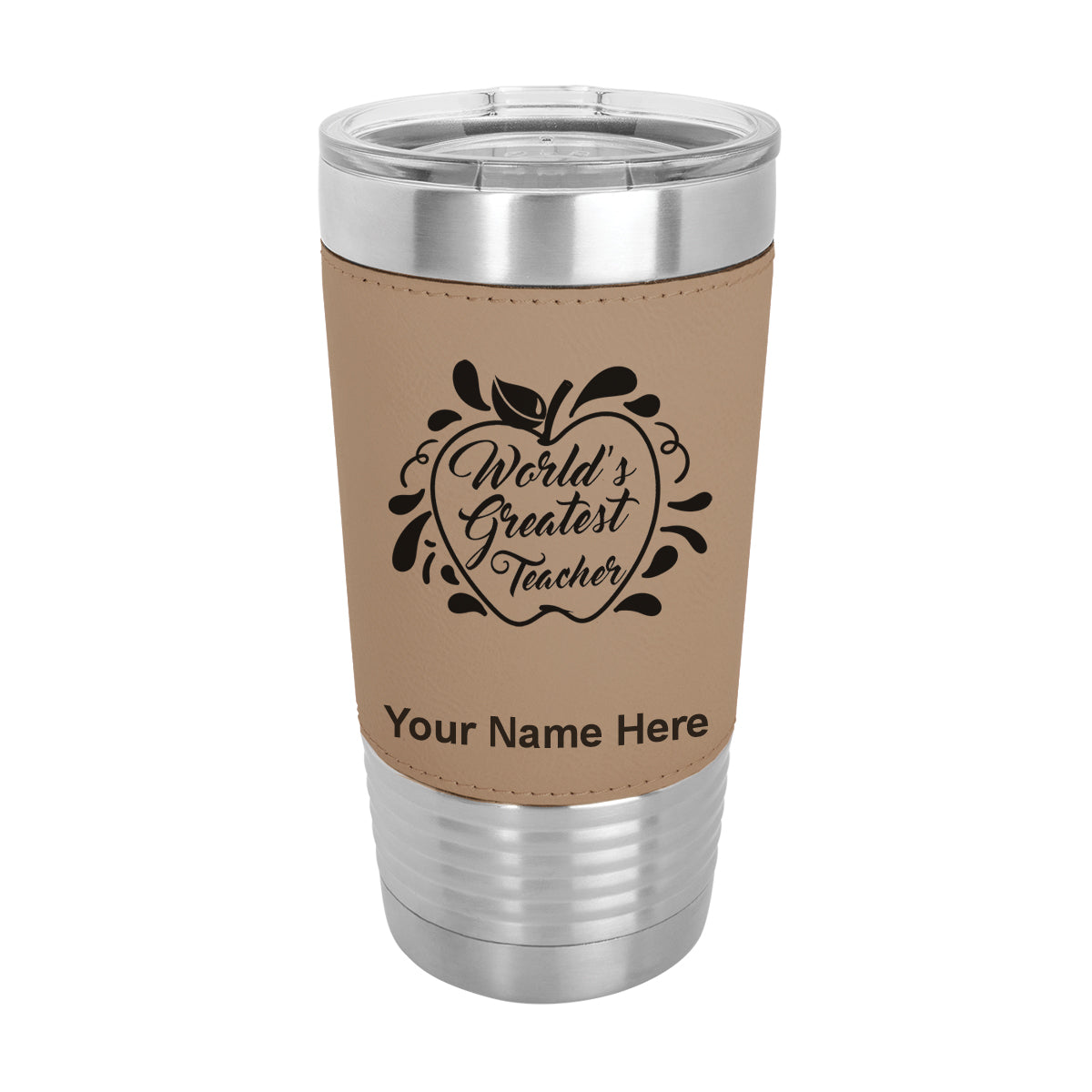 20oz Faux Leather Tumbler Mug, World's Greatest Teacher, Personalized Engraving Included