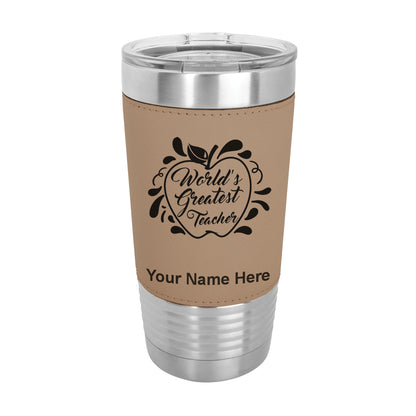 20oz Faux Leather Tumbler Mug, World's Greatest Teacher, Personalized Engraving Included