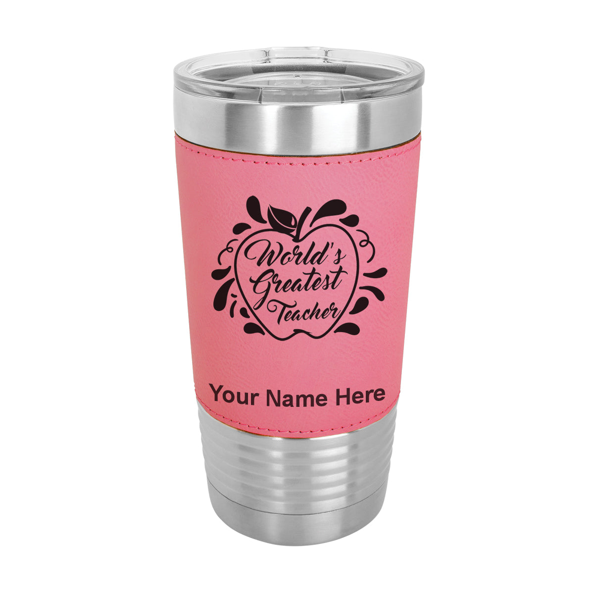 20oz Faux Leather Tumbler Mug, World's Greatest Teacher, Personalized Engraving Included
