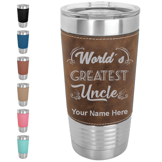 20oz Faux Leather Tumbler Mug, World's Greatest Uncle, Personalized Engraving Included