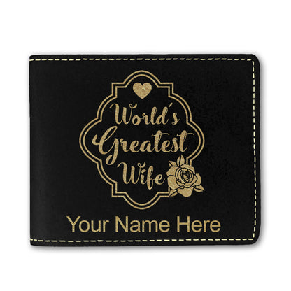 Faux Leather Bi-Fold Wallet, World's Greatest Wife, Personalized Engraving Included