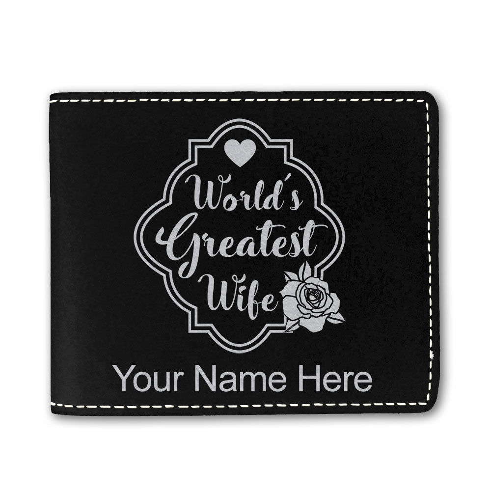 Faux Leather Bi-Fold Wallet, World's Greatest Wife, Personalized Engraving Included