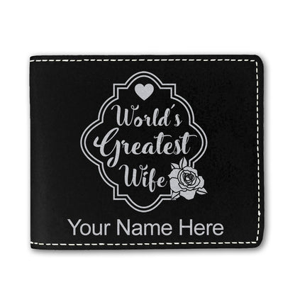 Faux Leather Bi-Fold Wallet, World's Greatest Wife, Personalized Engraving Included