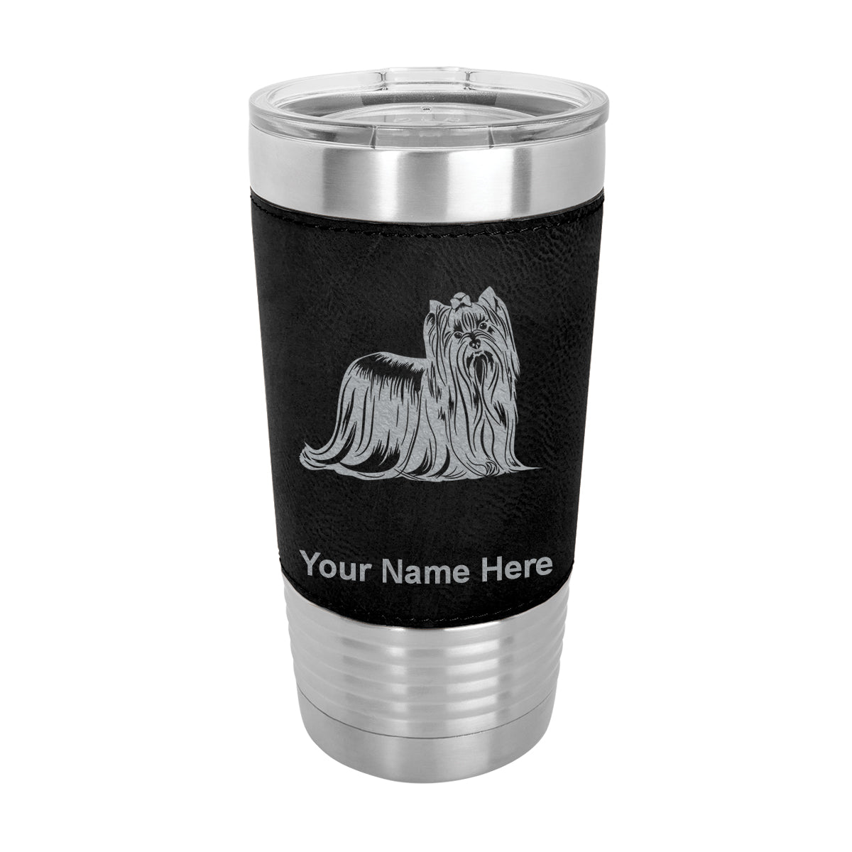 20oz Faux Leather Tumbler Mug, Yorkshire Terrier Dog, Personalized Engraving Included