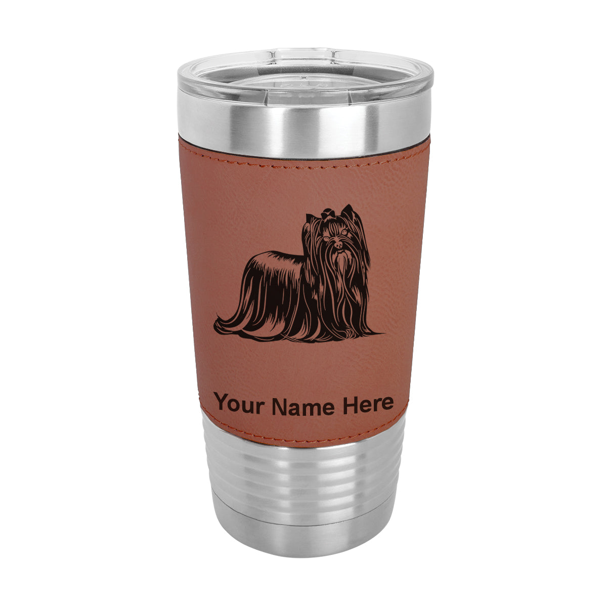 20oz Faux Leather Tumbler Mug, Yorkshire Terrier Dog, Personalized Engraving Included
