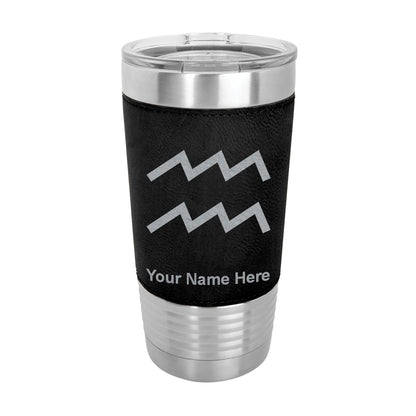 20oz Faux Leather Tumbler Mug, Zodiac Sign Aquarius, Personalized Engraving Included