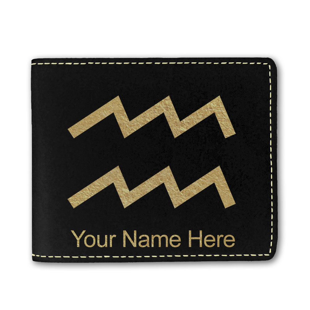 Faux Leather Bi-Fold Wallet, Zodiac Sign Aquarius, Personalized Engraving Included