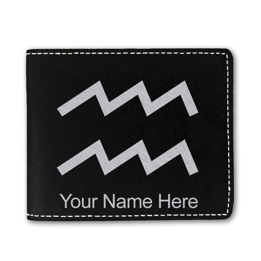 Faux Leather Bi-Fold Wallet, Zodiac Sign Aquarius, Personalized Engraving Included